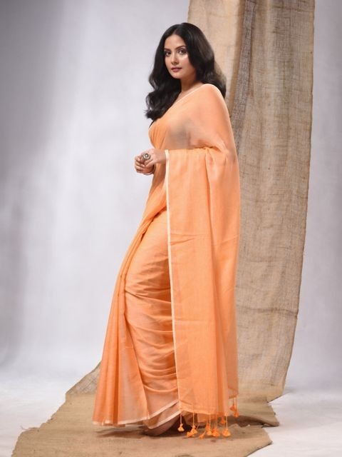 Handloom Solid Color Mul Cotton Saree - Free, Yellow Orange