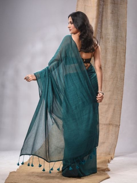 Handloom Solid Color Mul Cotton Saree - Free, Teal