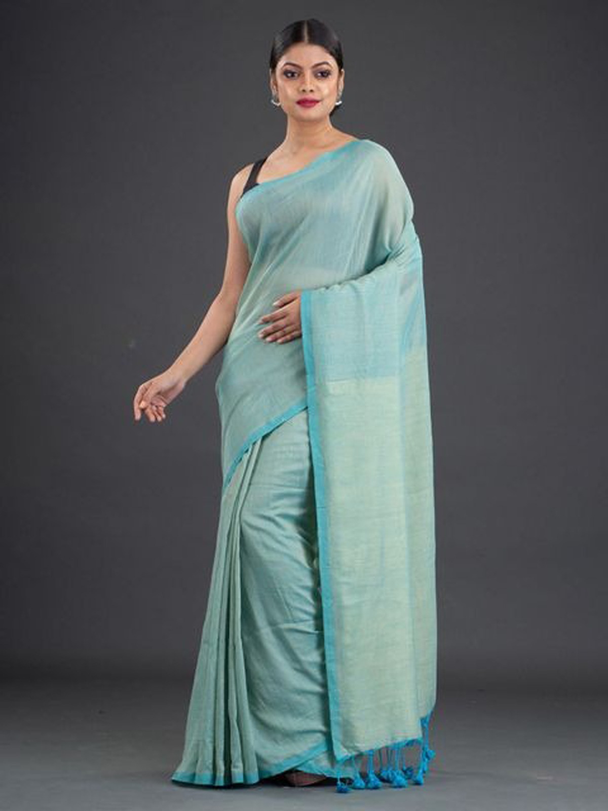 Handloom Contrast Border Cotton Saree - Cyan Aqua