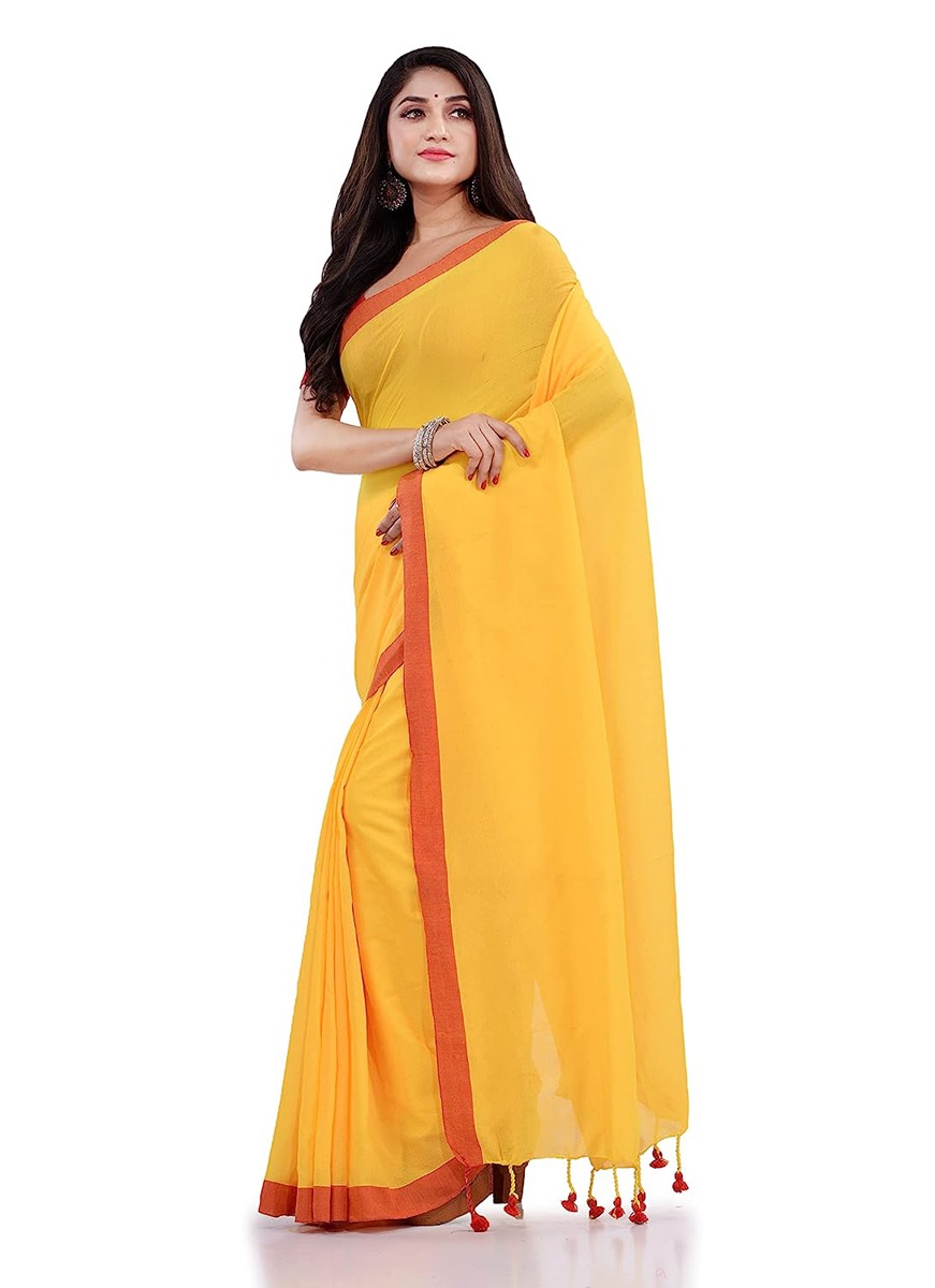 Handloom Contrast Border Cotton Saree - Free, Yellow, Mul Cotton