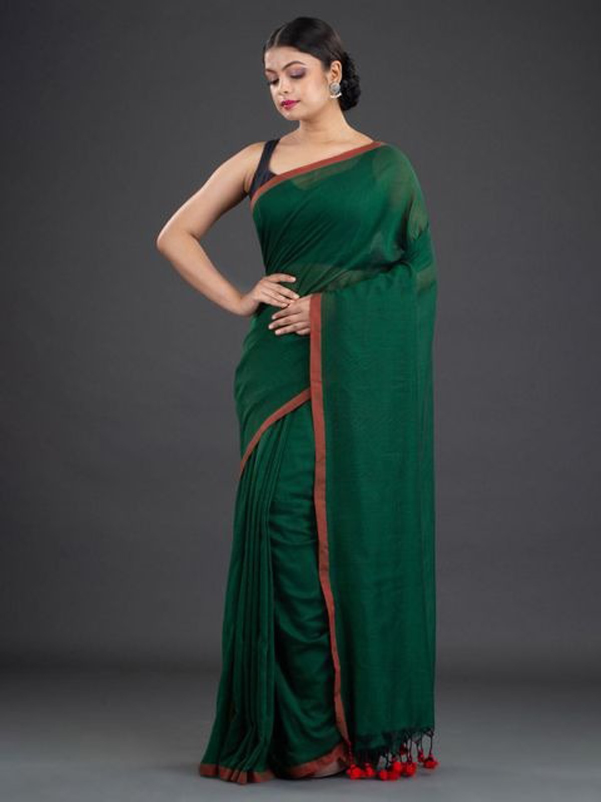 Handloom Contrast Border Cotton Saree - Free, Cardin Green, Mul Cotton