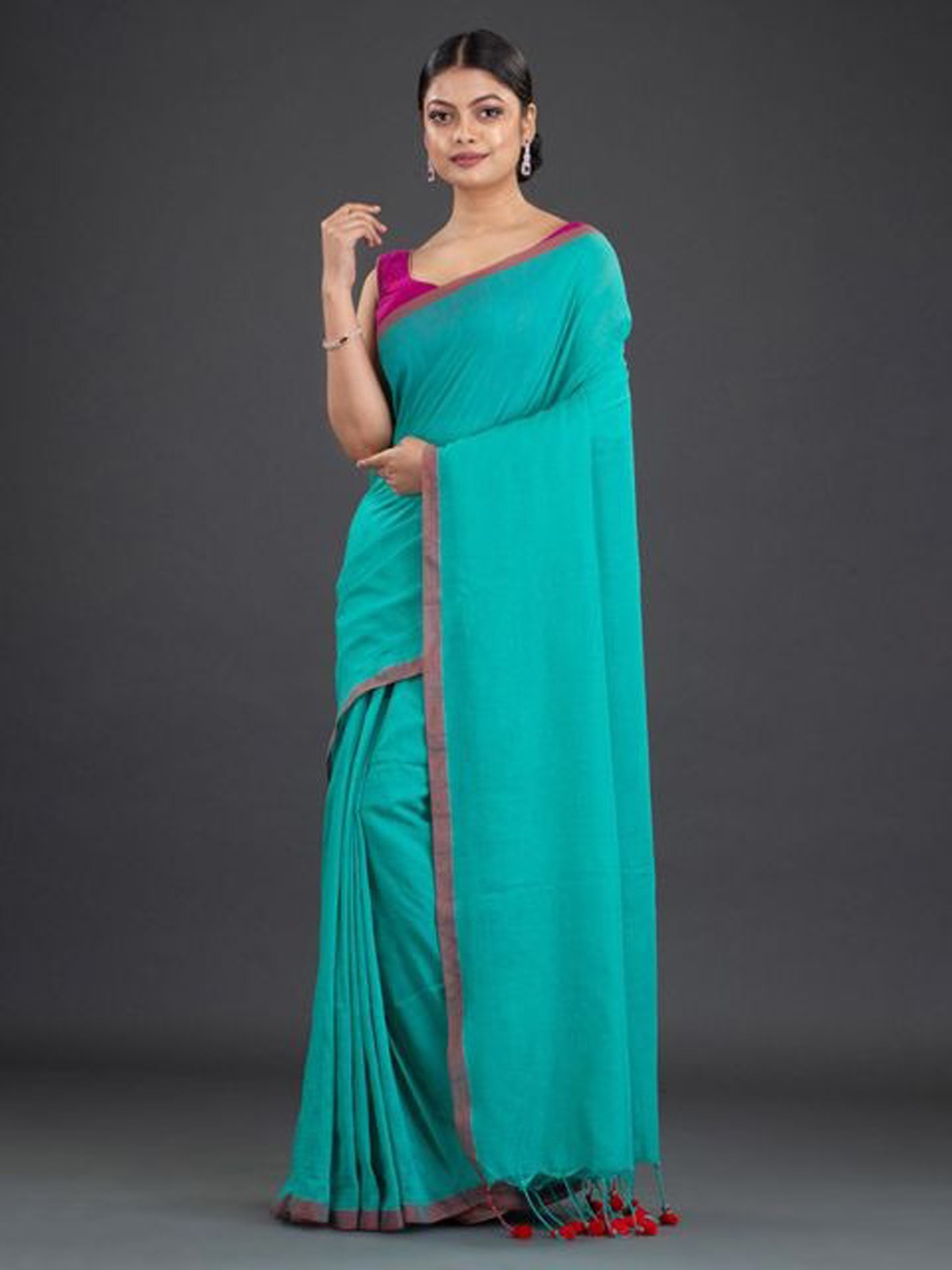 Handloom Contrast Border Cotton Saree - Seagull