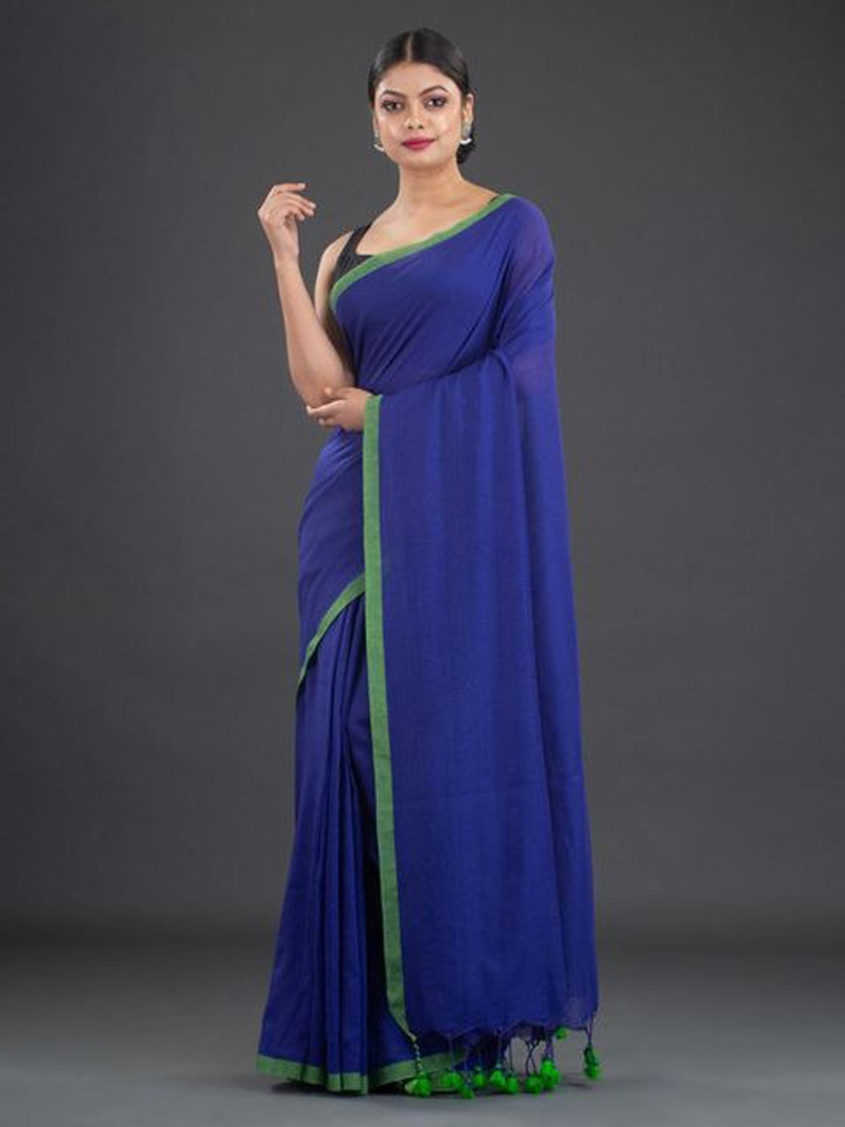 Handloom Contrast Border Cotton Saree - Free, Royal Blue, Mul Cotton