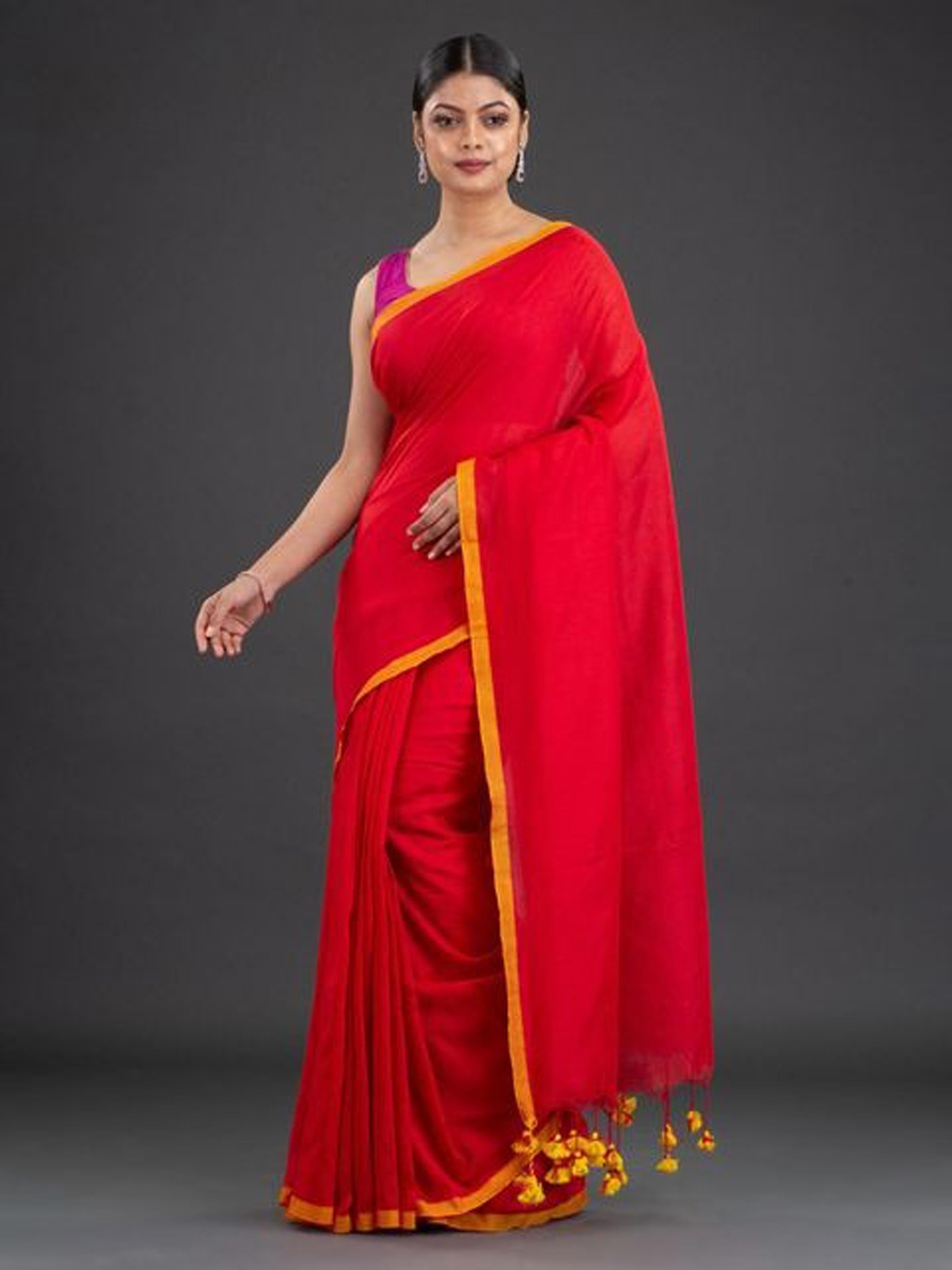 Handloom Contrast Border Cotton Saree - Free, Scarlet, Mul Cotton