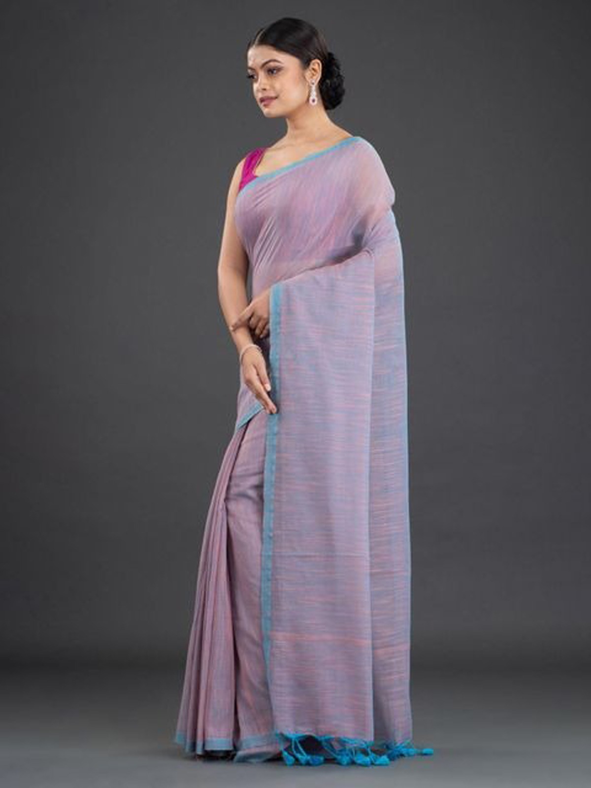 Handloom Contrast Border Cotton Saree - Free, Light Orchid, Mul Cotton