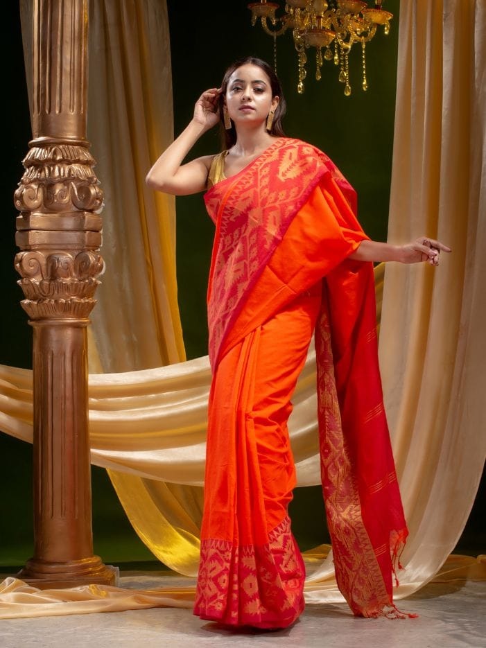 Handloom Jamdani Border Saree - Free, Web Orange