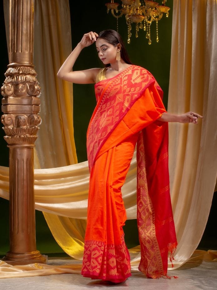 Handloom Jamdani Border Saree - Free, Web Orange