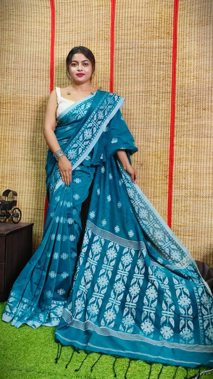 Handloom Khadi Jamdani - Free, Sea Green