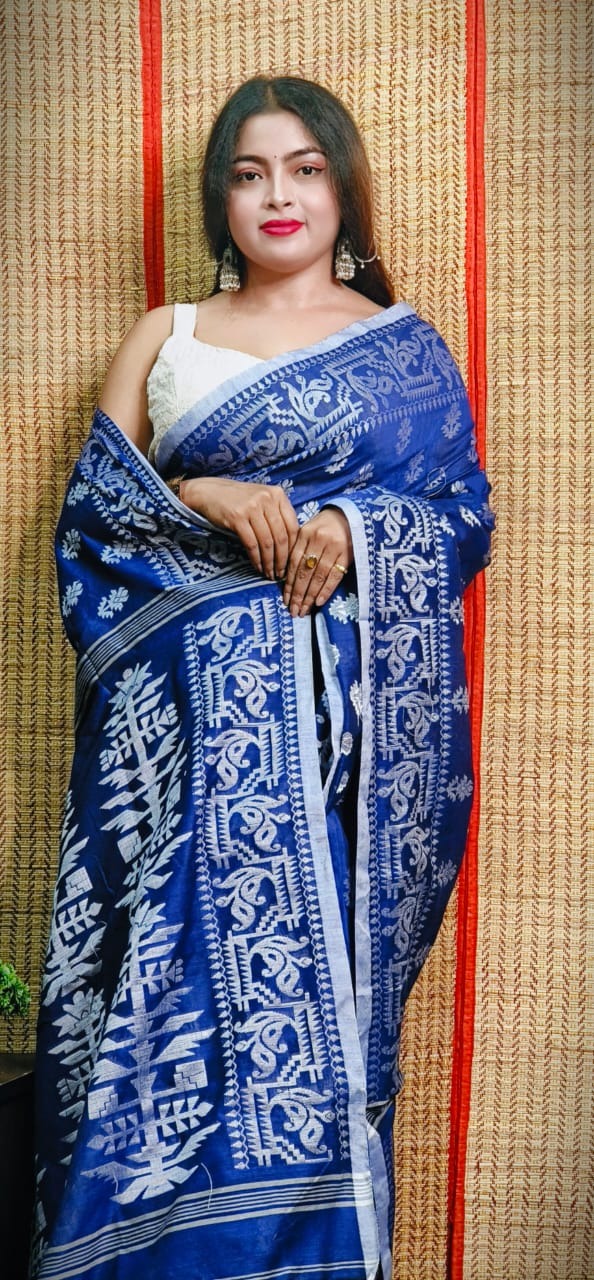 Handloom Khadi Jamdani - Free, Royal Blue