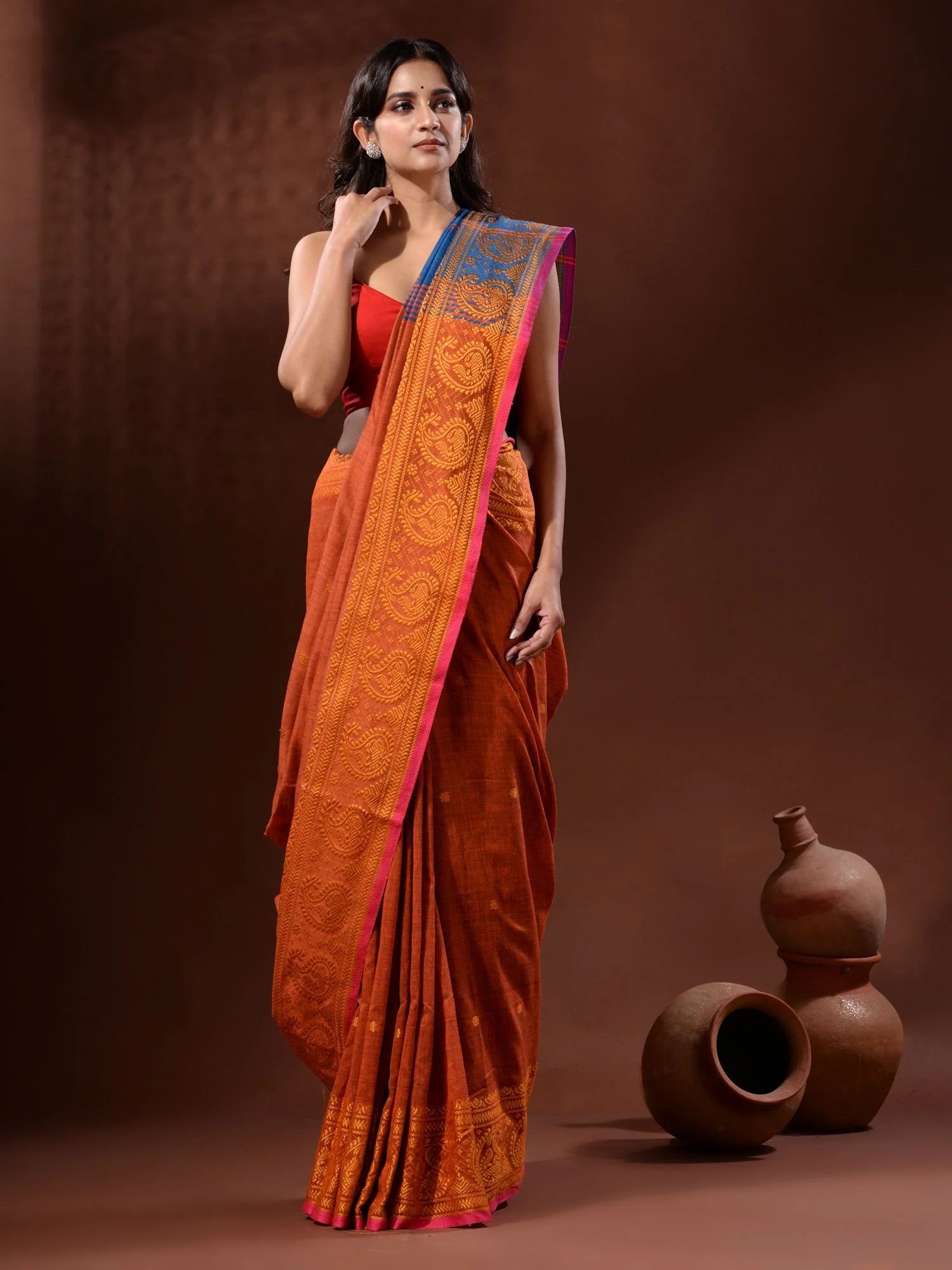 Handloom Woven Mango Border Saree - Free, Chilean Fire & Blue