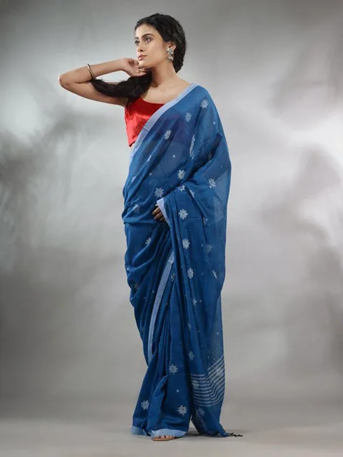 Handloom Floral Motive Saree - Blue, Cotton, Cotton (CK)