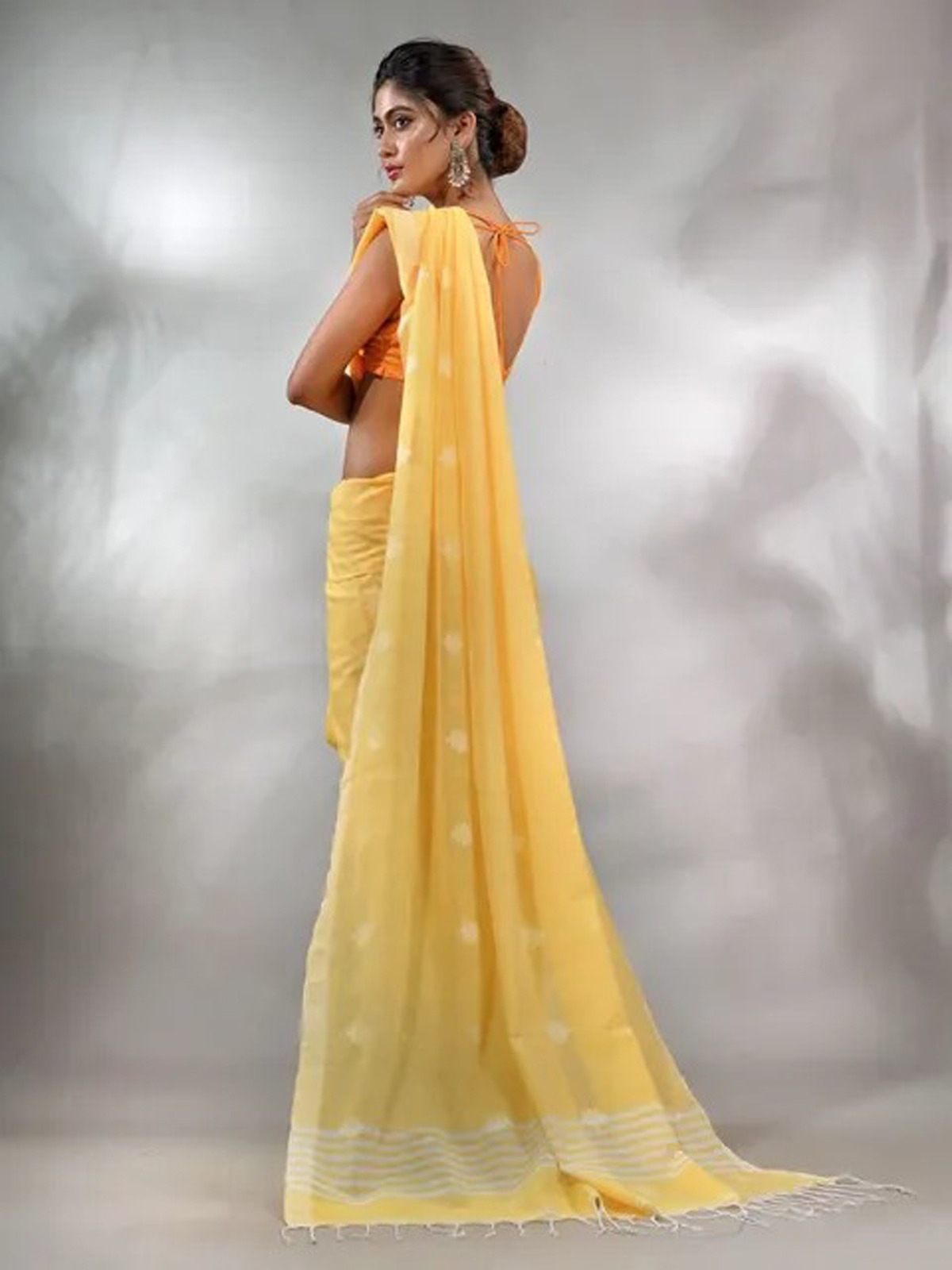 Handloom Floral Motive Saree - Lightning Yellow, Cotton, Cotton (CK)