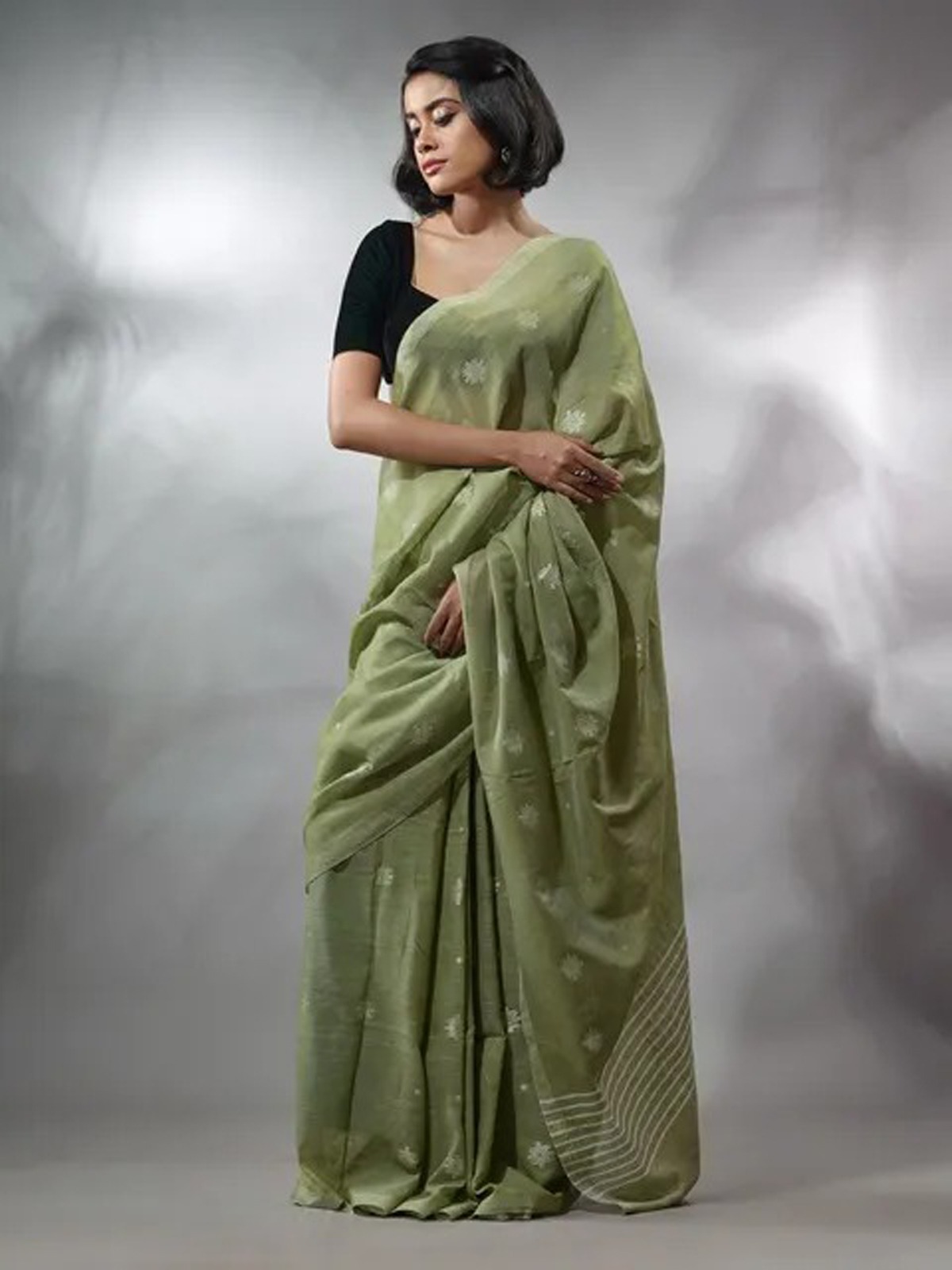 Handloom Floral Motive Saree - Olive, Cotton, Cotton (CK)