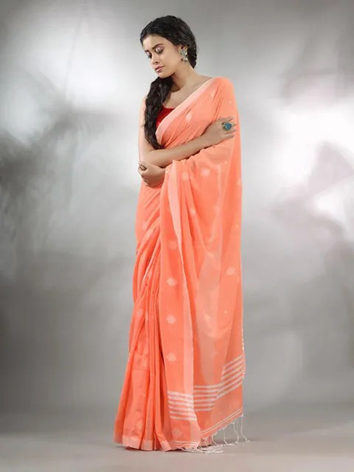 Handloom Floral Motive Saree - Coral