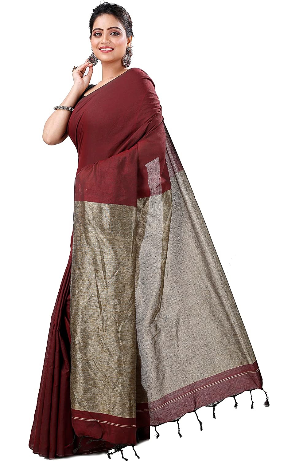 Handloom Solid Color Slab Gichha Pallu Saree - Brown