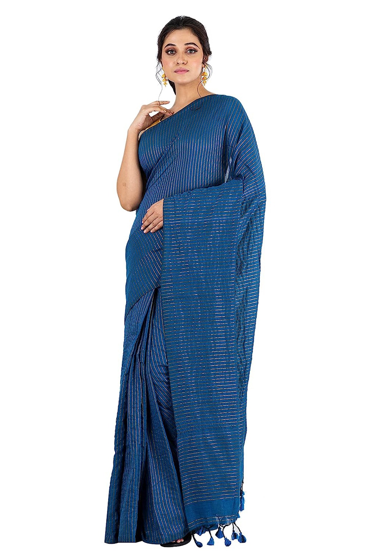 Handloom Zari Strip Saree - Blue, Cotton (CK)