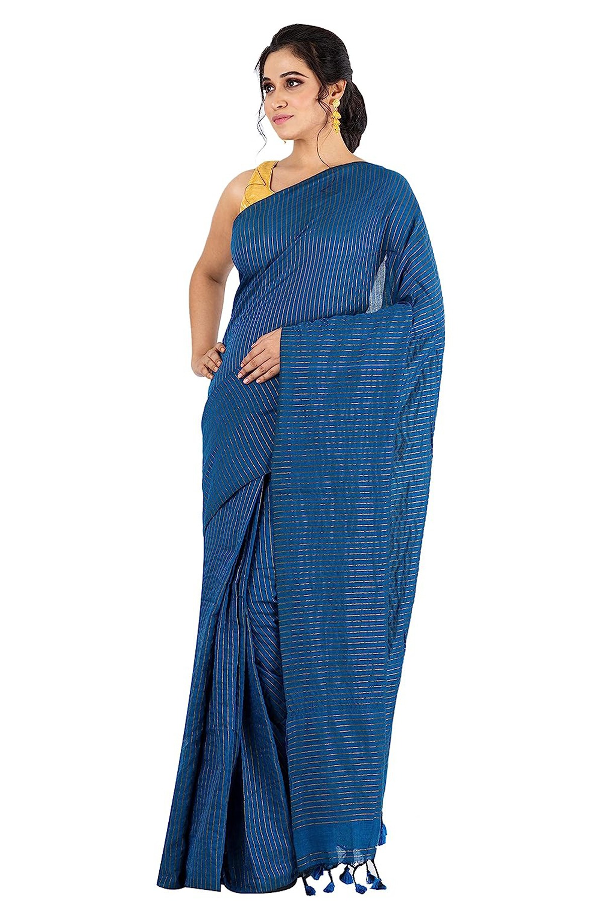 Handloom Zari Strip Saree - Blue, Cotton (CK)