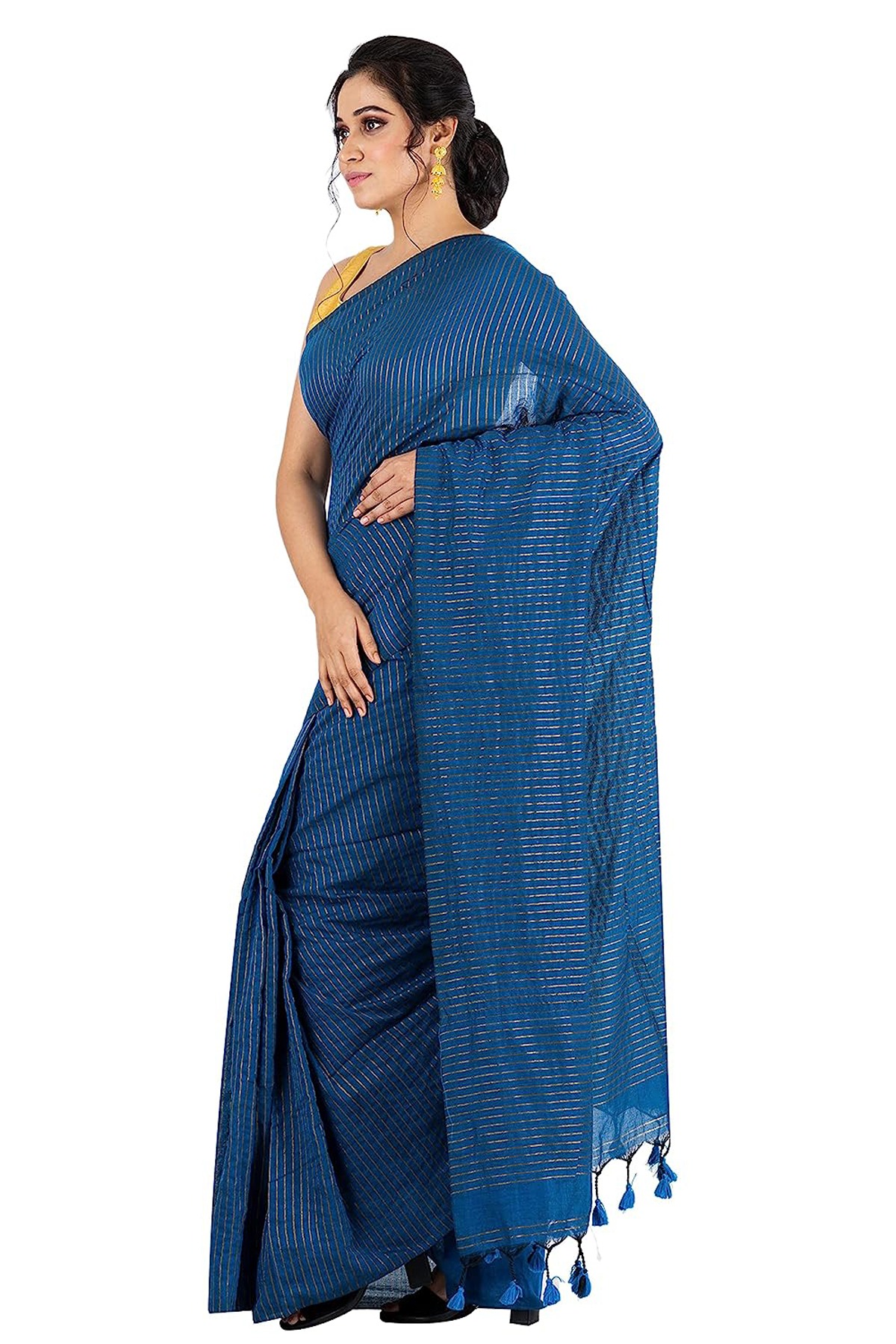 Handloom Zari Strip Saree - Blue, Cotton (CK)