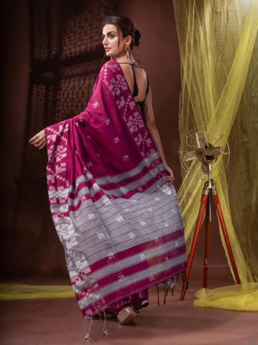 Handloom Woven Border Saree - 6.5 Meter, Hippie Pink