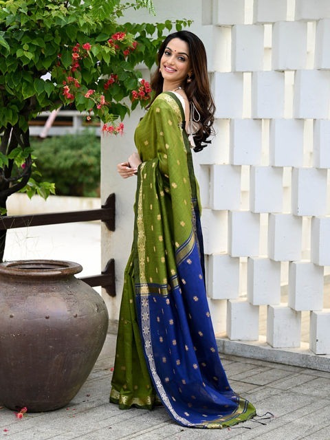 Handloom Floral Buta Cotton Silk Saree - Free, Olive & Blue