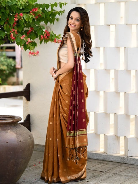 Handloom Floral Buta Cotton Silk Saree - Free, Sahara & Brown