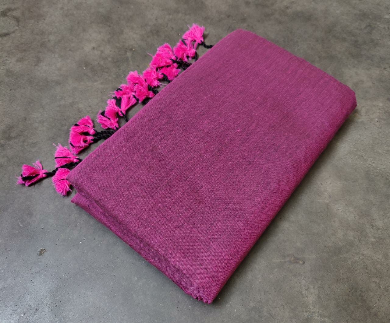 Handloom Solid Color Long Tassel Saree - Magenta / Fuchsia