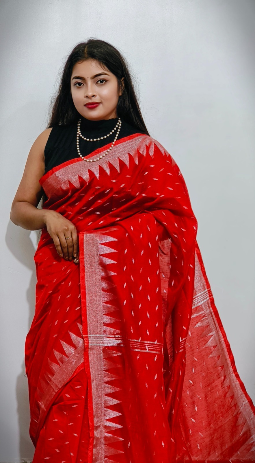 Handloom Temple Border Cotton Silk Saree - Free, Red