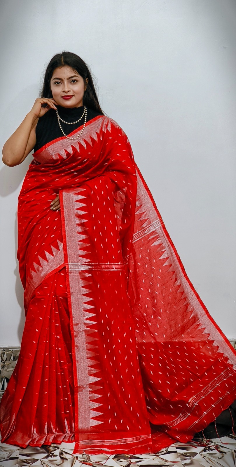 Handloom Temple Border Cotton Silk Saree - Free, Red