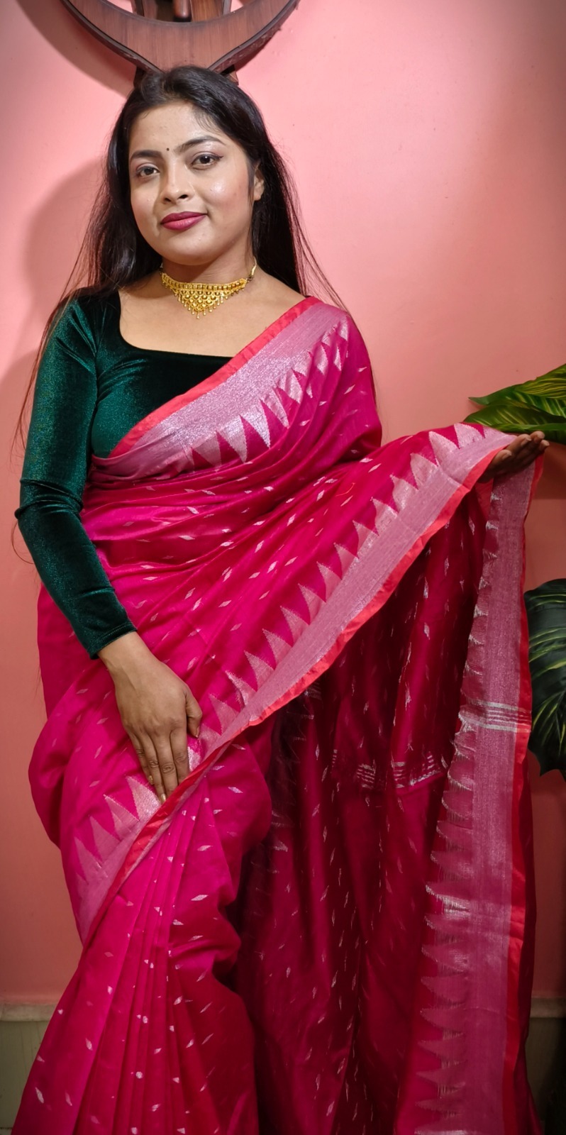 Handloom Temple Border Cotton Silk Saree - Free, Magenta / Fuchsia