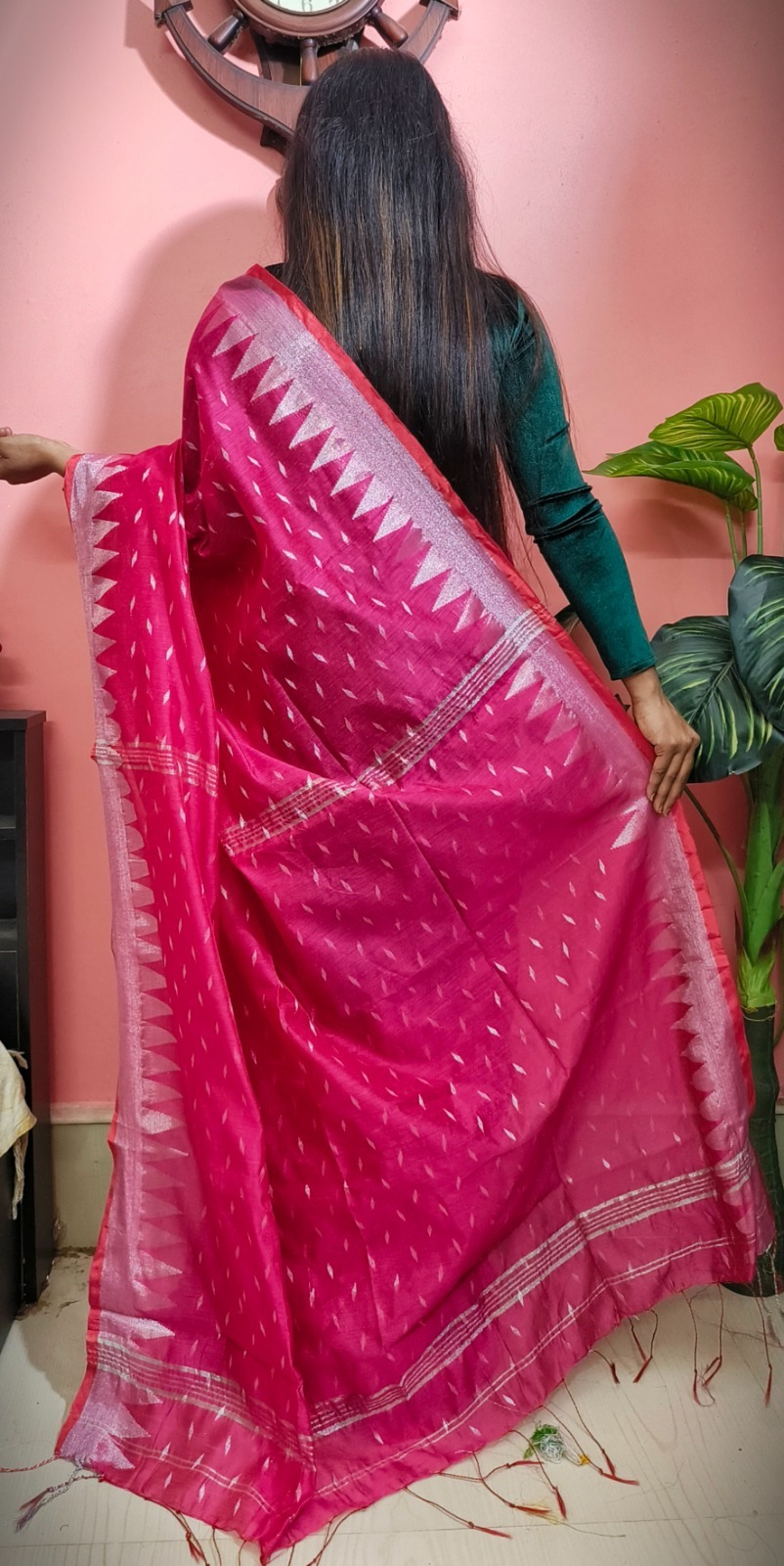 Handloom Temple Border Cotton Silk Saree - Free, Magenta / Fuchsia