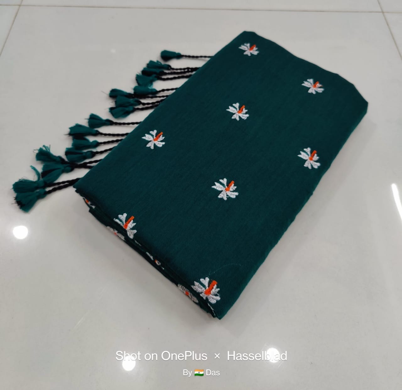 Handloom Floral Embroidered Cotton Saree - Mallard