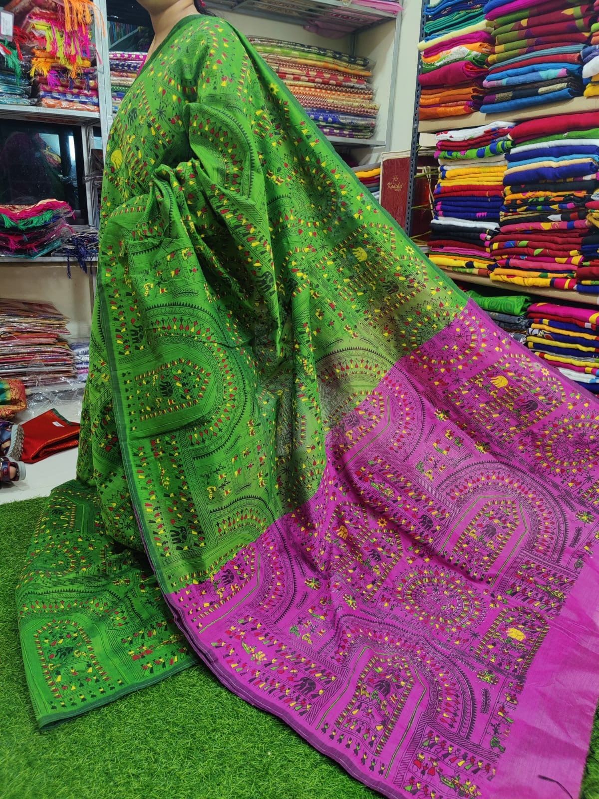 Handloom Madhubani Printed Saree - Green & Magenta