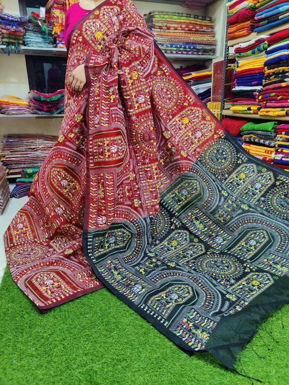 Handloom Madhubani Printed Saree - Red & Sea Green