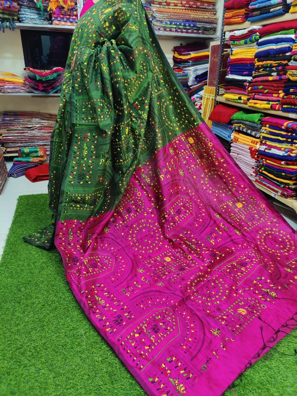 Handloom Madhubani Printed Saree - Olive & Magenta, Cotton Silk, Screen Print