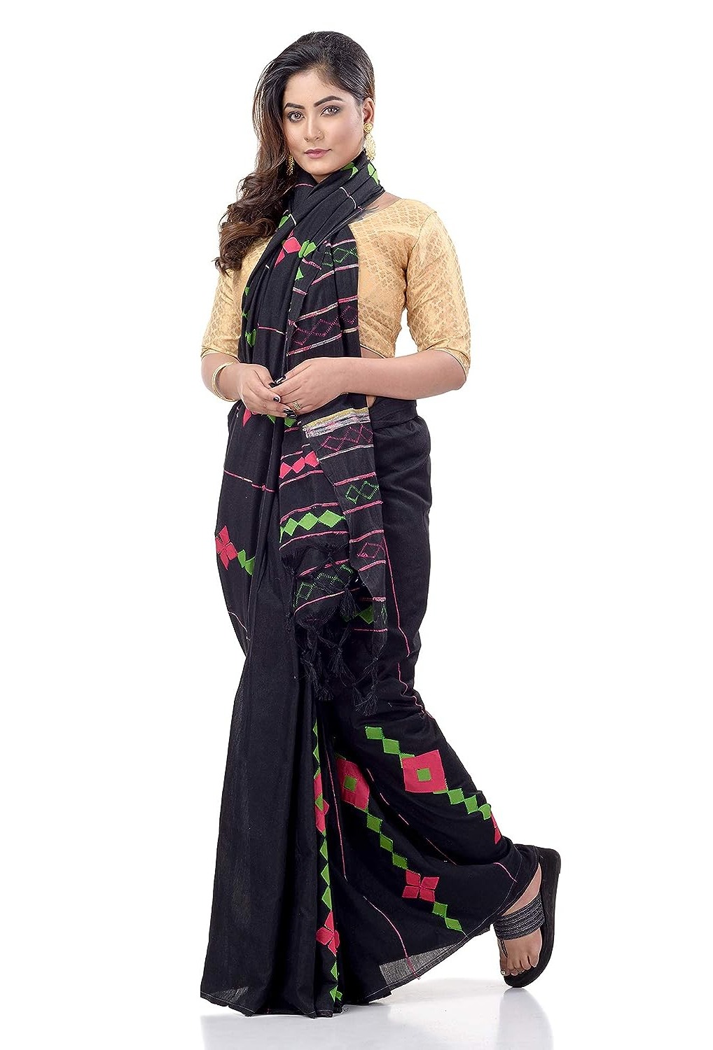 Handloom Cotton Aplique Saree - Black