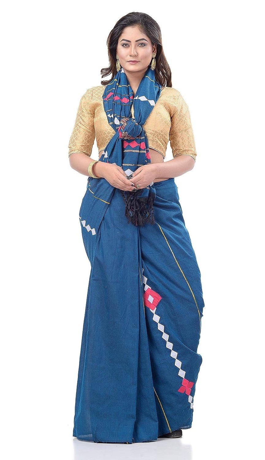 Handloom Cotton Aplique Saree - Navy Blue