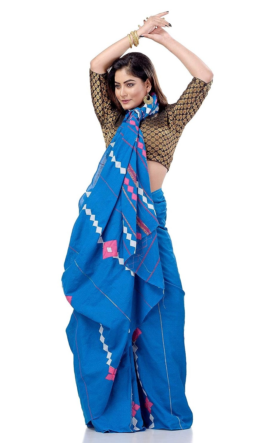 Handloom Cotton Aplique Saree - Cerulean