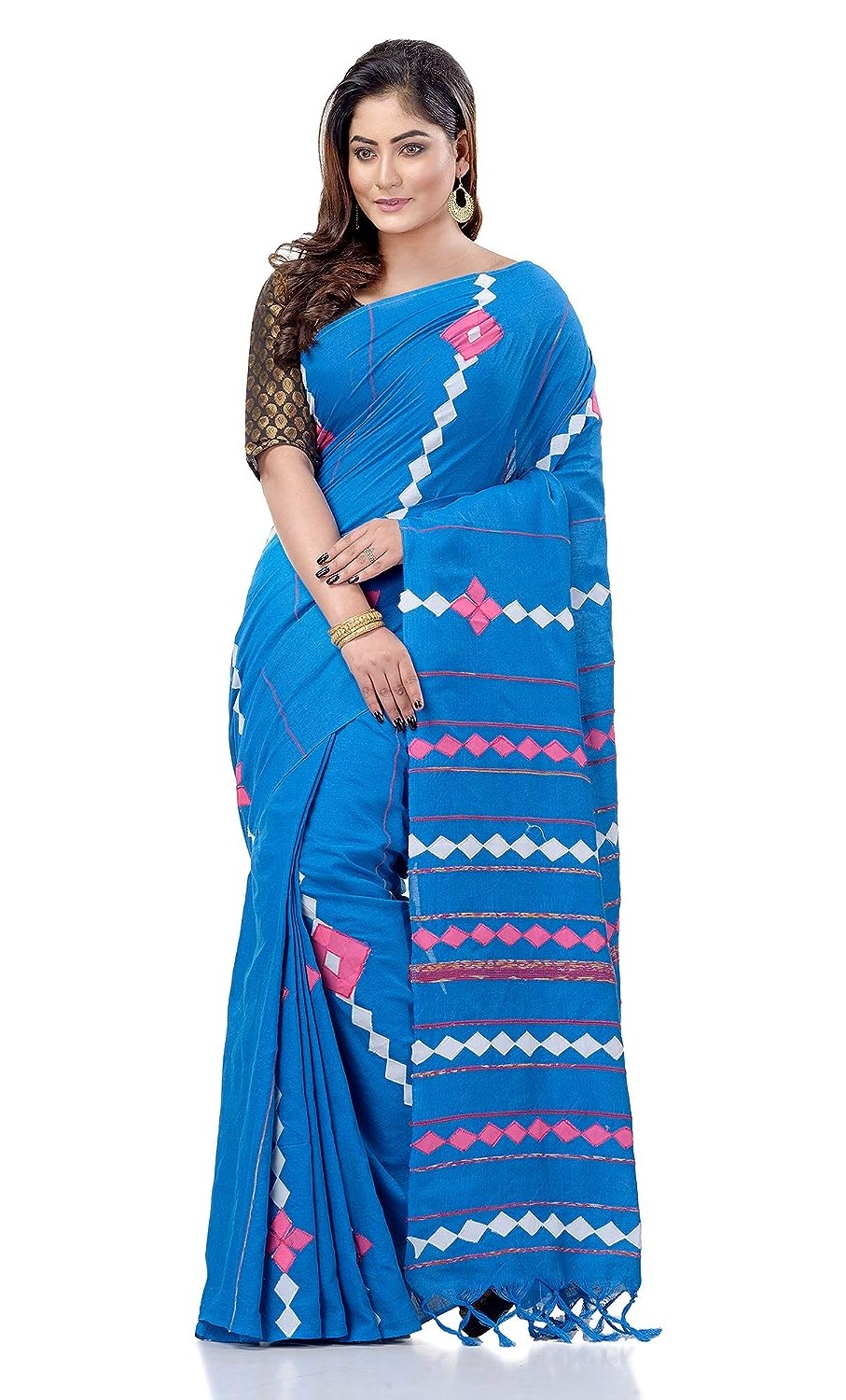 Handloom Cotton Aplique Saree - Cerulean