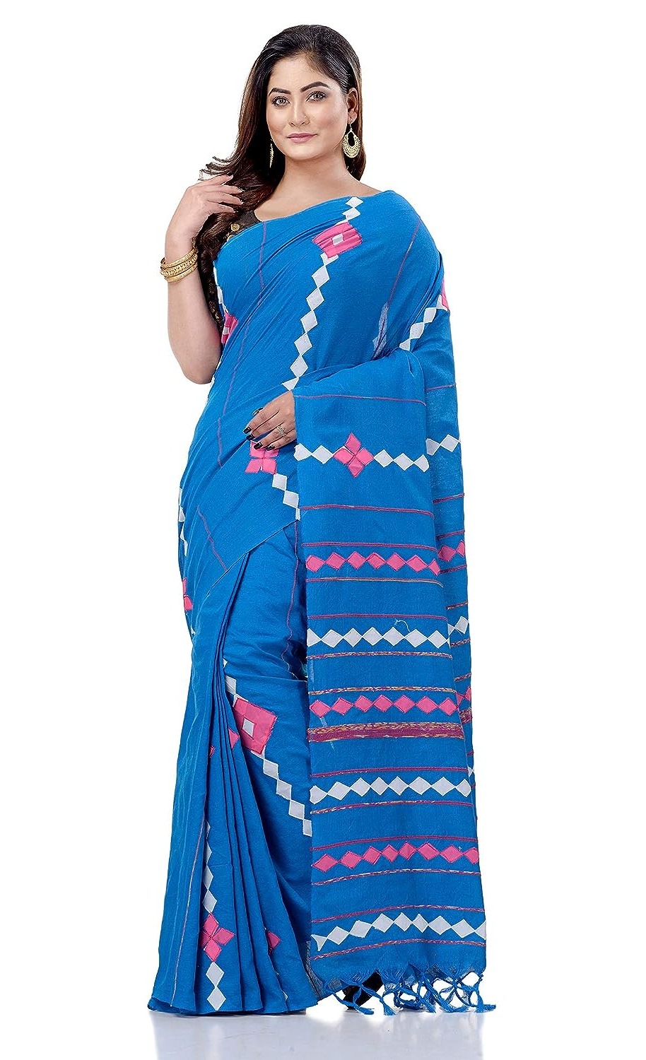 Handloom Cotton Aplique Saree - Cerulean