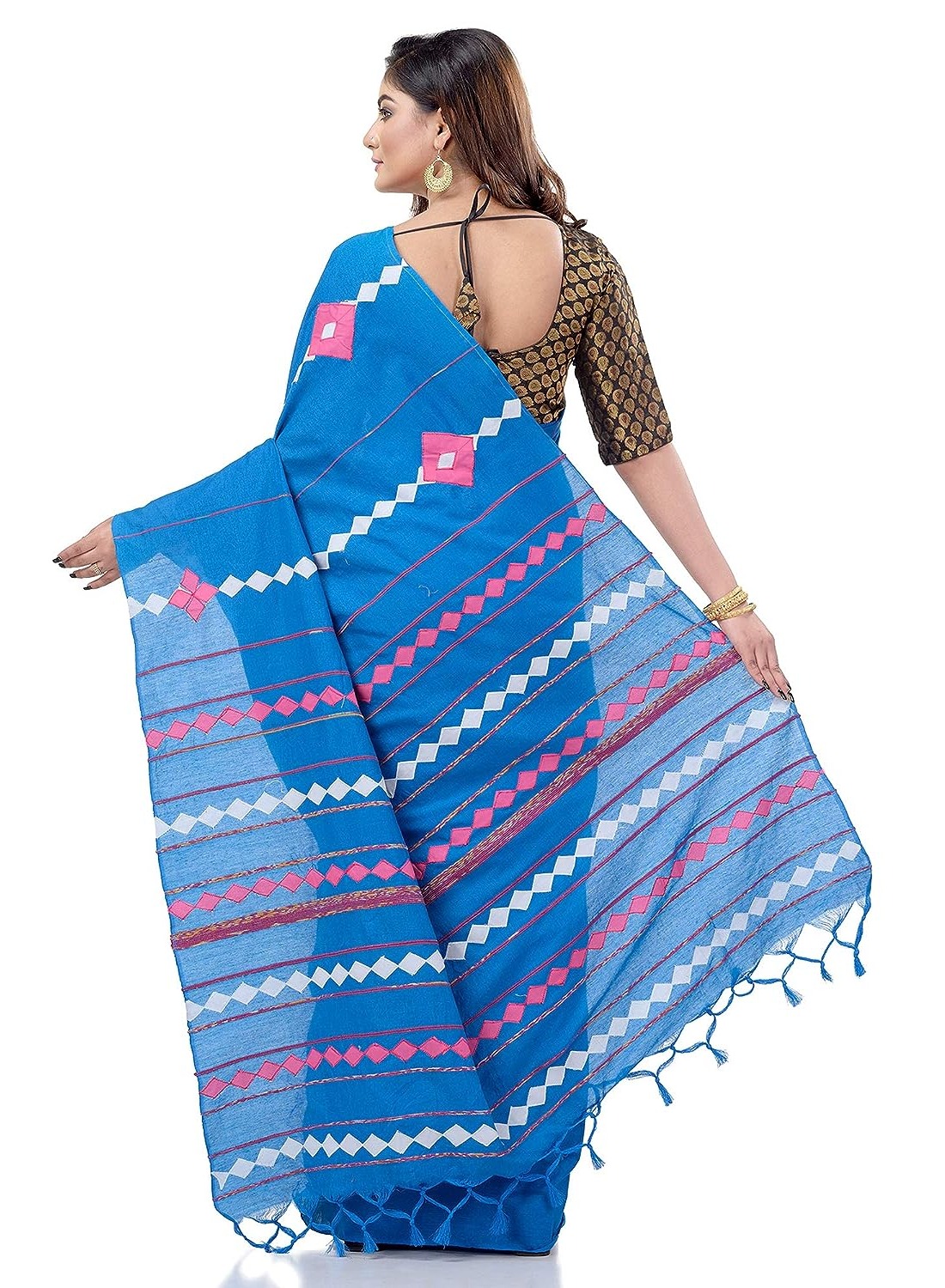 Handloom Cotton Aplique Saree - Cerulean