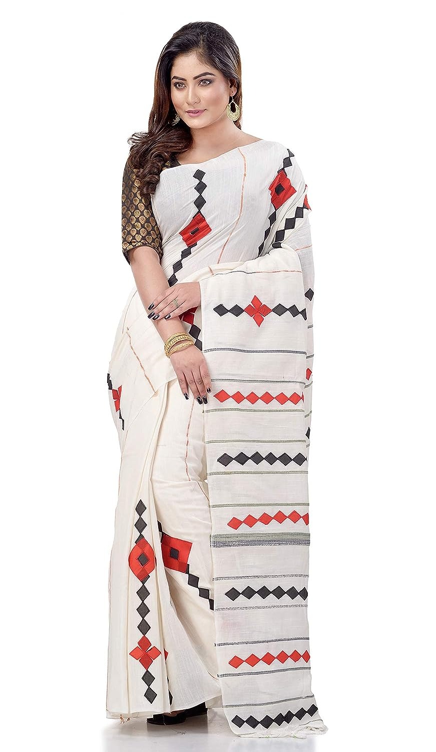 Handloom Cotton Aplique Saree - White