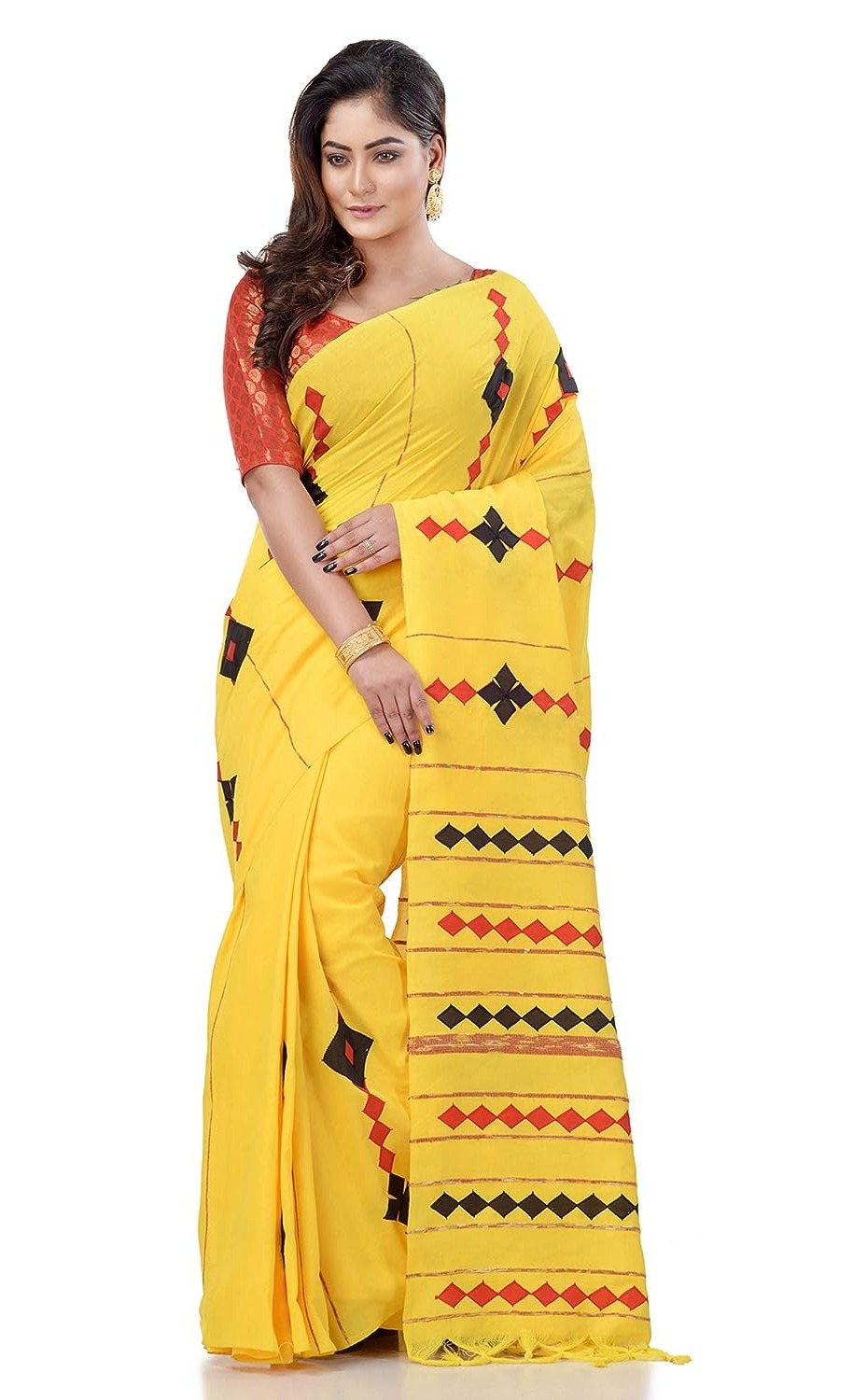 Handloom Cotton Aplique Saree - Yellow