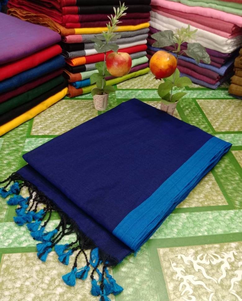 Handloom Contrast Border Cotton Saree - Navy Blue