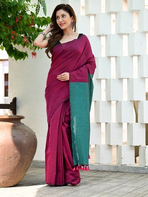 Handloom Solid Color Contrast Pallu Saree - Maroon, Cotton (CK)