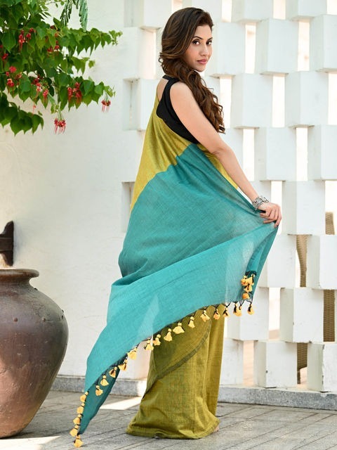 Handloom Solid Color Contrast Pallu Saree - Olive, Cotton (CK)