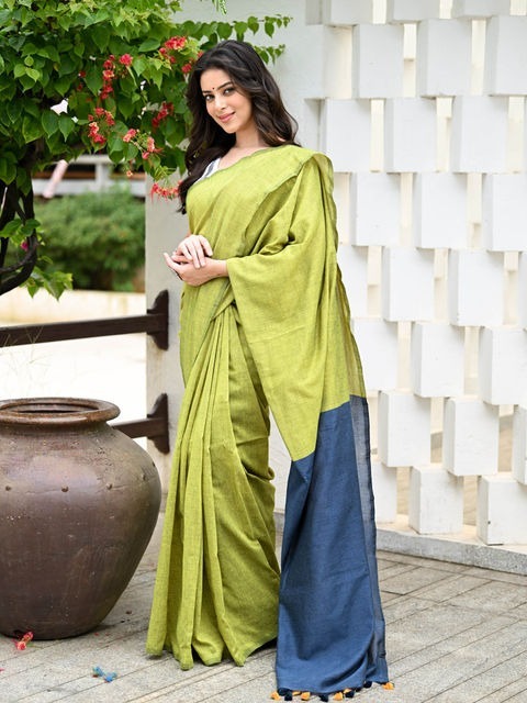 Handloom Solid Color Contrast Pallu Saree - Celery, Cotton (CK)