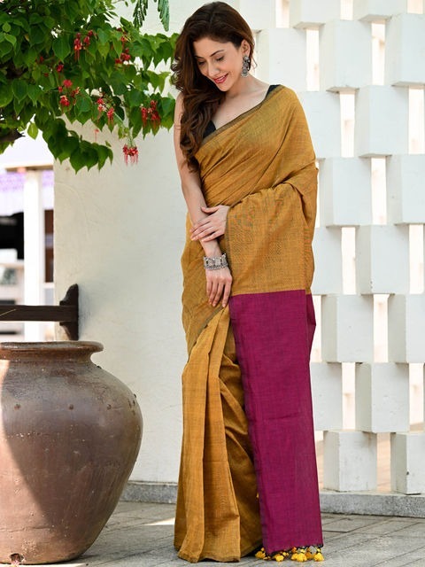 Handloom Mul Cotton Contrast Pallu Saree - Cape Yellow