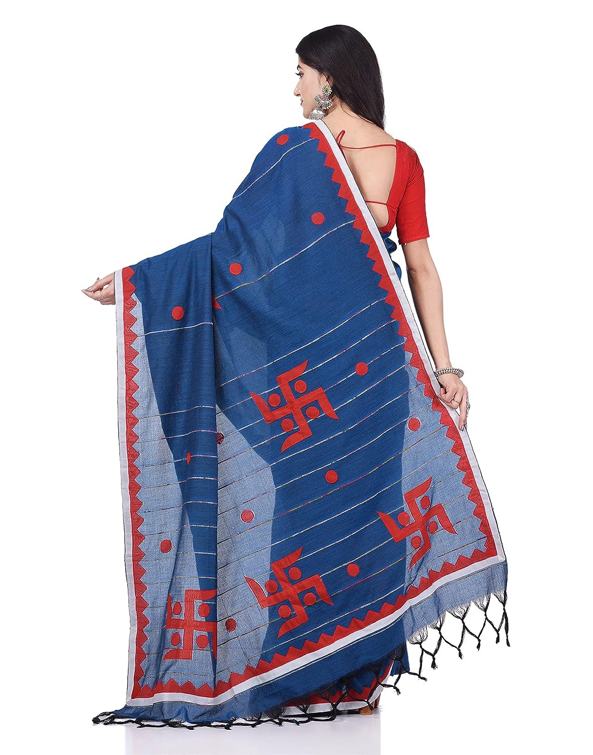 Handloom Swastika Aplique Saree - Blue, Cotton