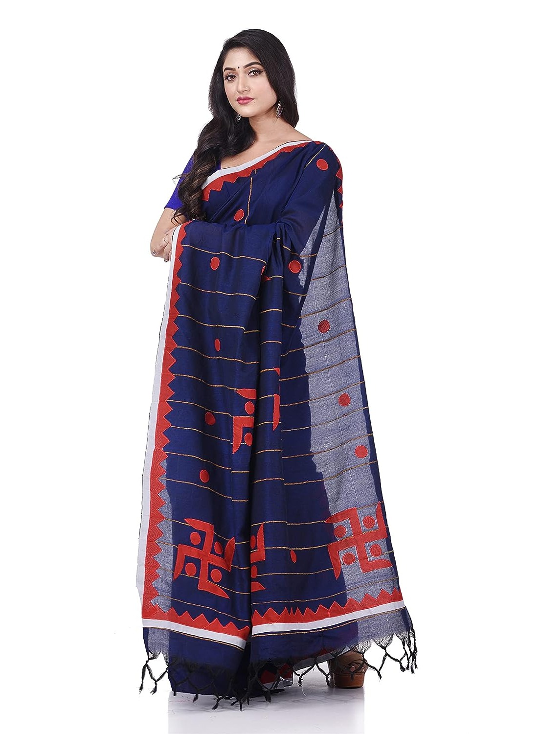 Handloom Swastika Aplique Saree - Navy Blue, Cotton