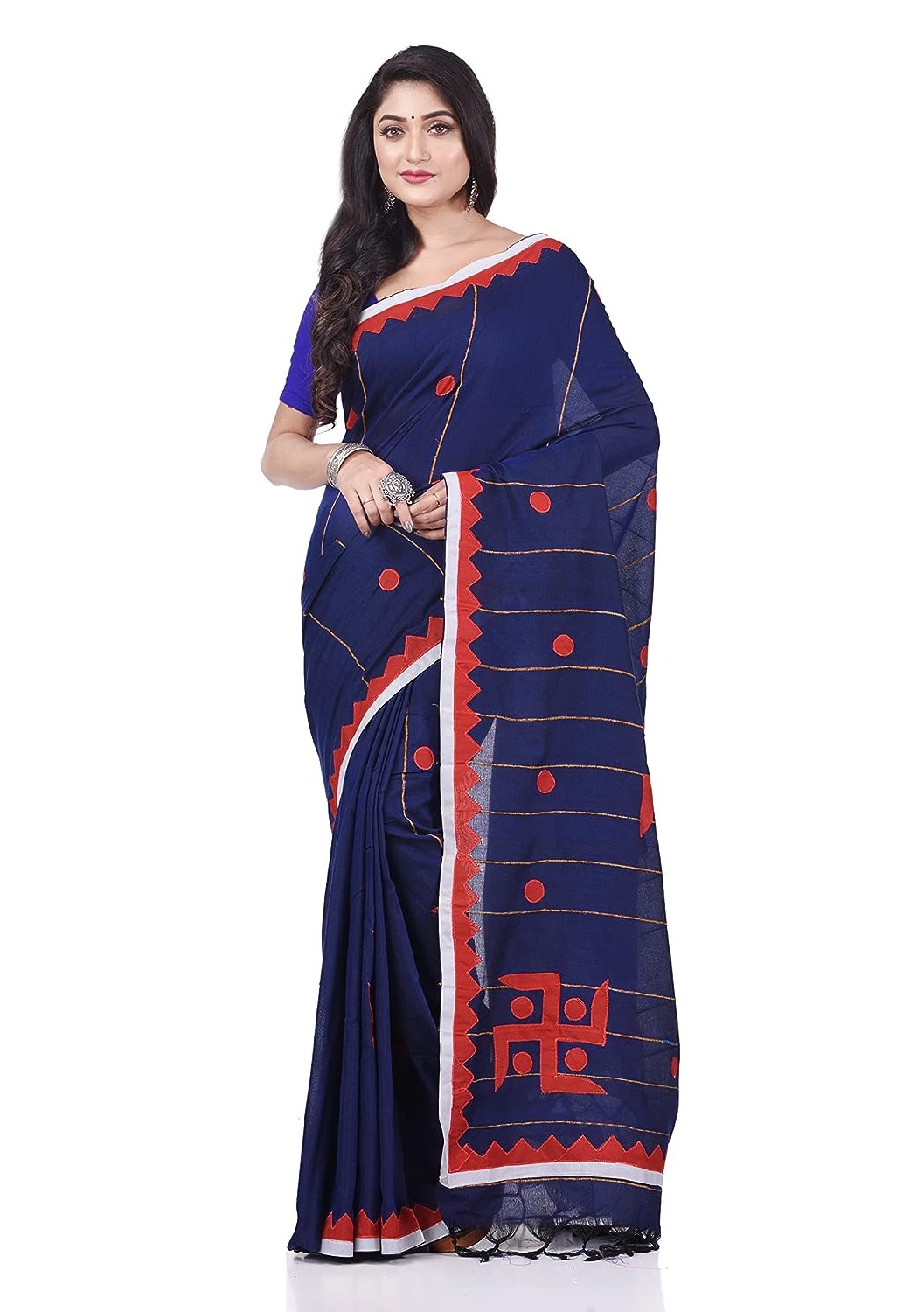 Handloom Swastika Aplique Saree - Navy Blue, Cotton